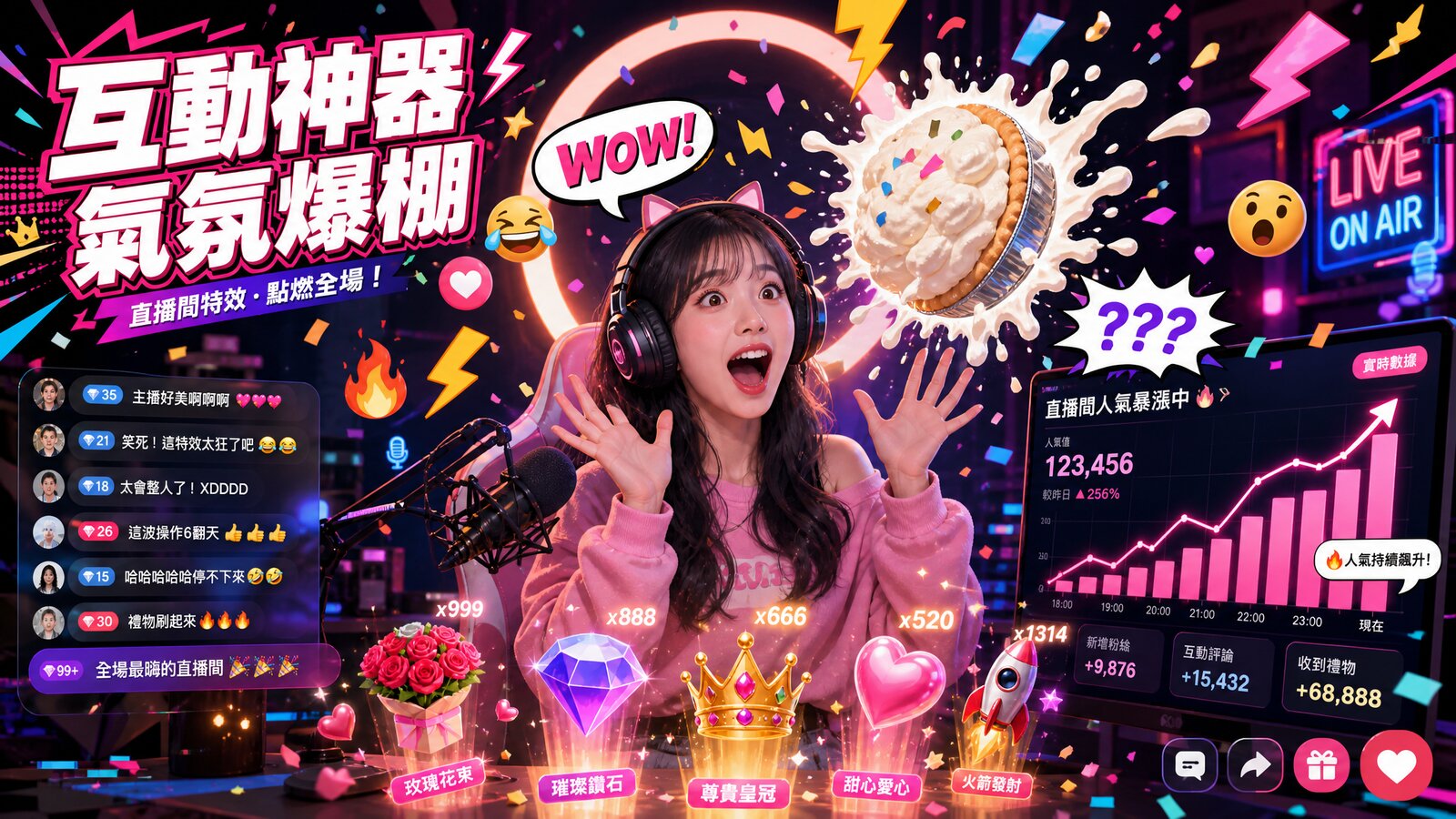 菜單主播直播間互動爆發畫面，螢幕特效與觀眾禮物齊發