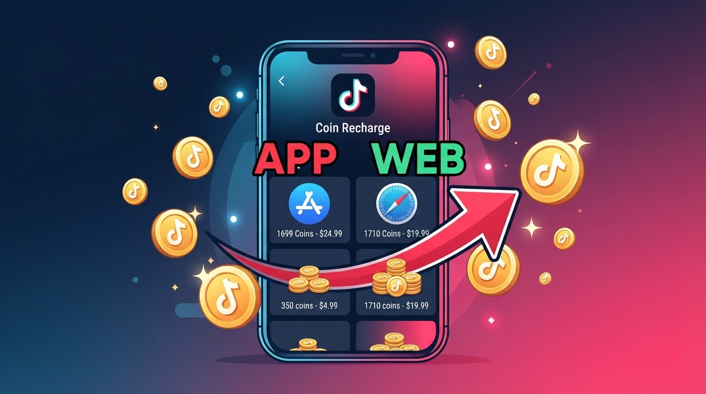 TikTok App 內購 vs 網頁版儲值價格比較示意圖