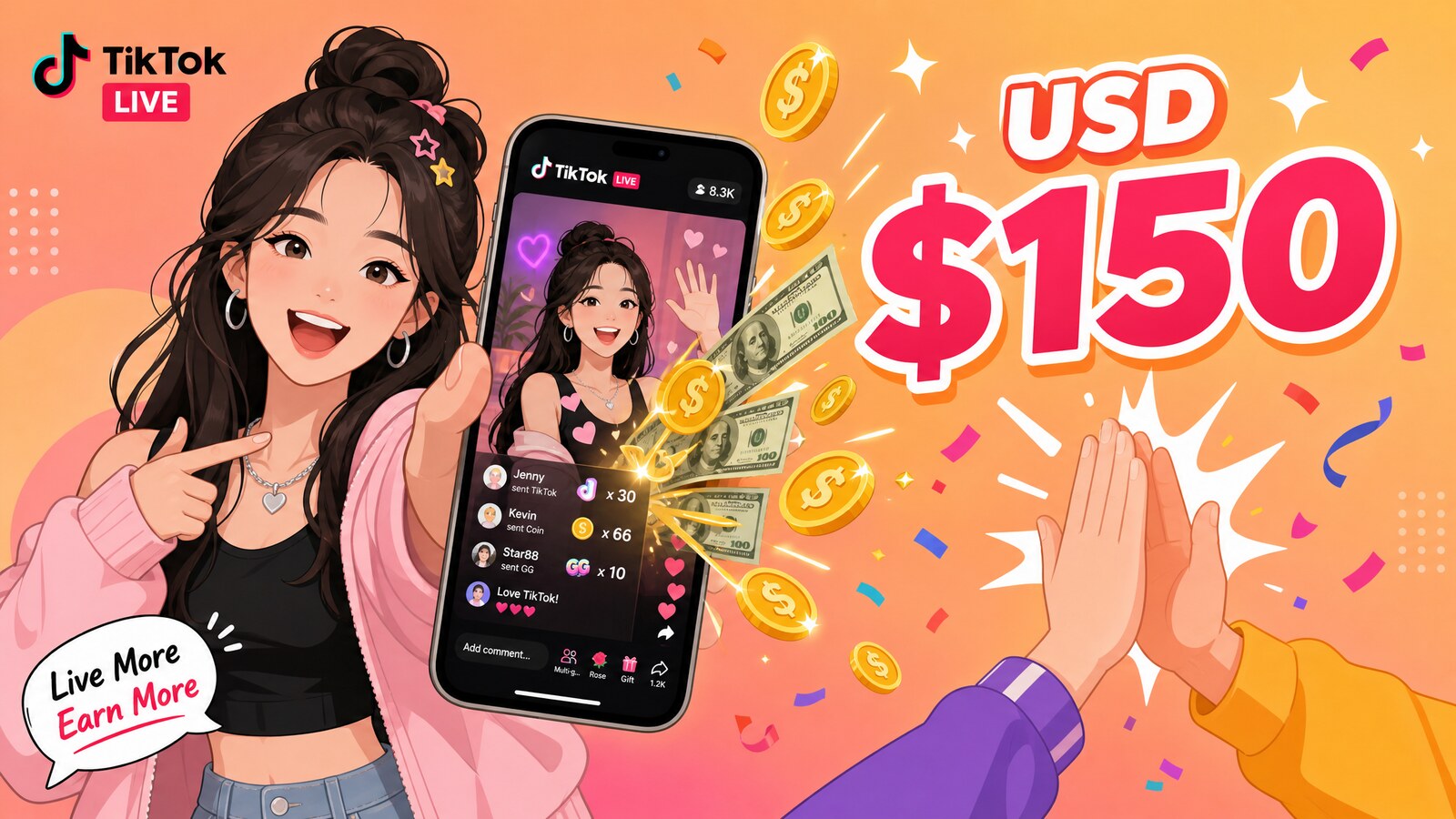 TikTok 主播透過專屬邀請連結賺取 USD 150 獎金示意圖