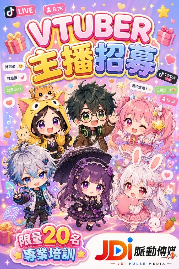 VTuber 家族 Q 版形象合影:貓咪帽、眼鏡少年、粉色魔法少女、白髮少年、哥德蘿莉、兔耳少女